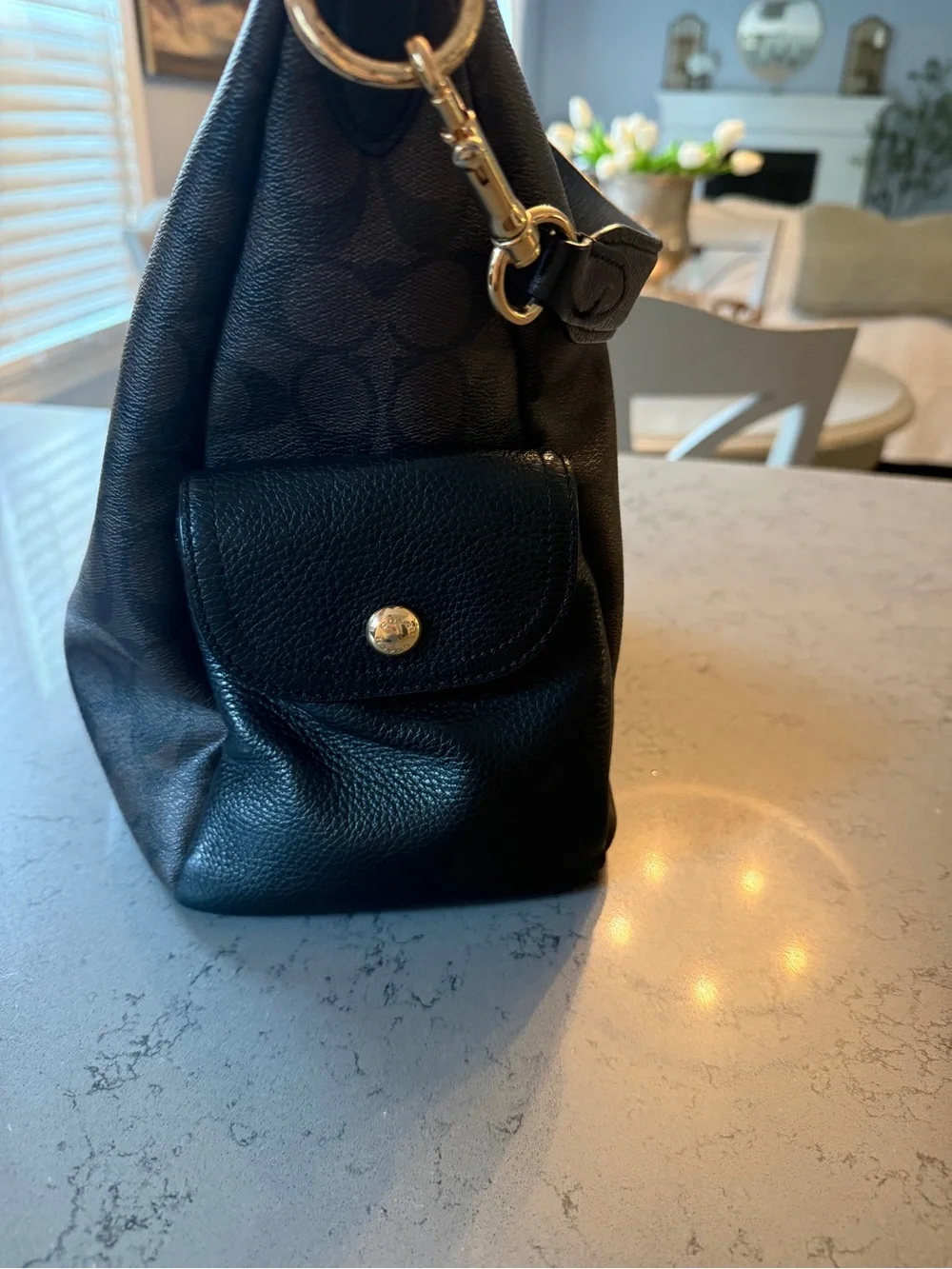 Coach Pennie Shoulder Bag Signature Canvas Brown Black Leather C1523